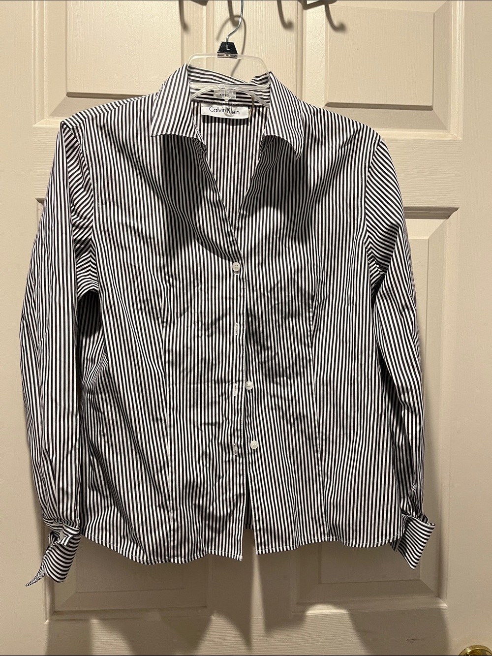 Calvin Klein Women’s Black and White Vertical Stripe Dress Shirt